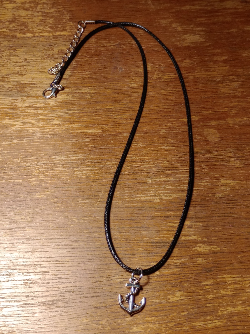 Silver Anchor Pendant Necklace on Black Cord